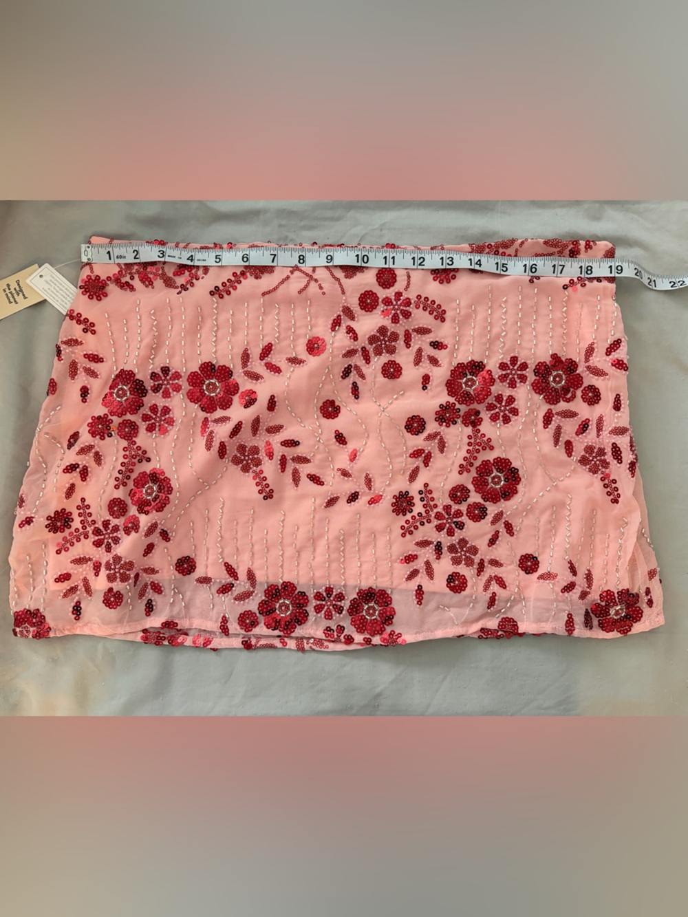 No Boundaries Pink Mini Skirt with Red Beaded Floral Embroidery